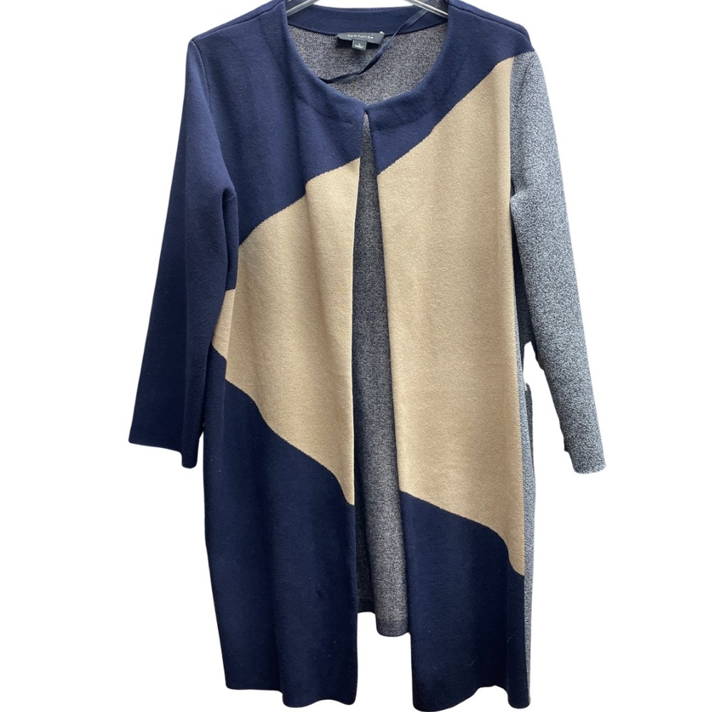 Ann Taylor Navy Tan Gray Colorblock Open Front Sweater/Coat Sz L